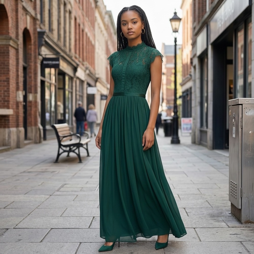 Miusol Women Emerald Green Lace Cap Sleeve Chiffon Evening Maxi Dress Size M